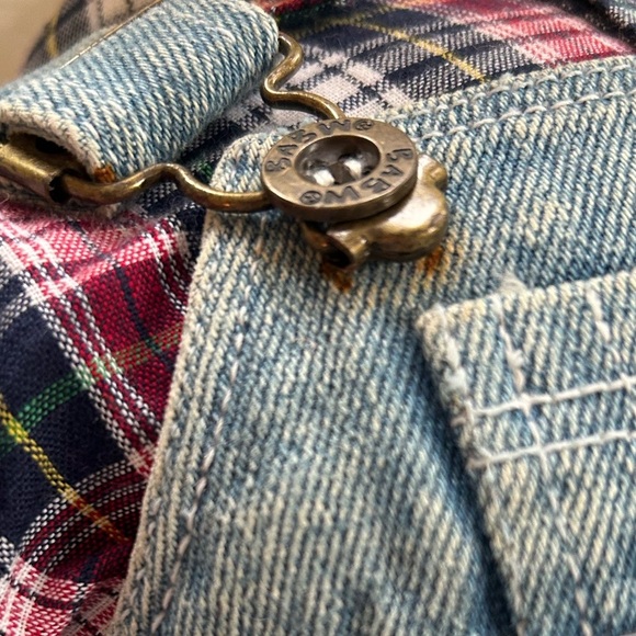 Build-A-Bear Dog Brown White Denim Overalls Plaid Shirt Ears Bend Made in USA - Picture 3 of 13